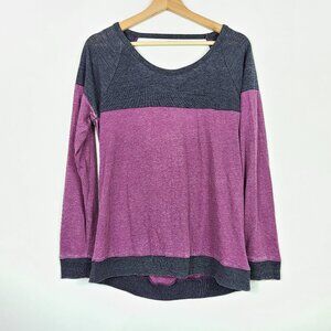 Chaser Colorblock Long Sleeve Open Back Drape Knit Top Purple Charcoal Medium
